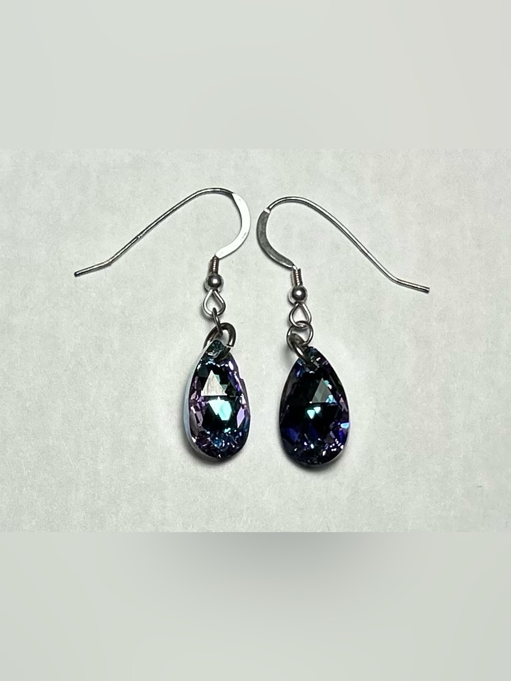 .925 Sterling Silver Iridescent Teardrop Dangle Earrings Vitrail Crystal